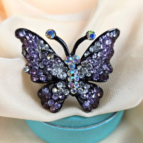 Purple Rhinestone Black Silver Tone Butterfly Ring Size 7 Adjustedble - Picture 6 of 17